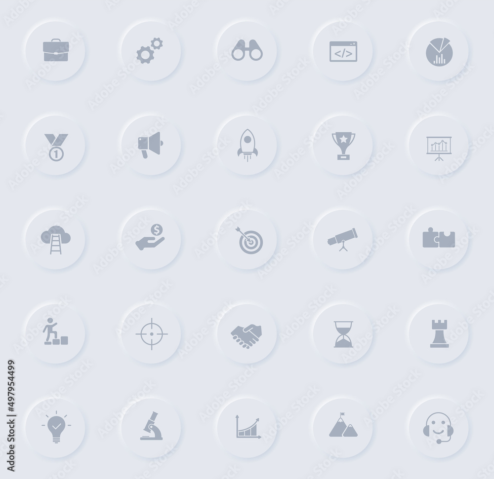 Poster startup gray vector icons on round rubber buttons. startup icon set for web, mobile apps, ui design 