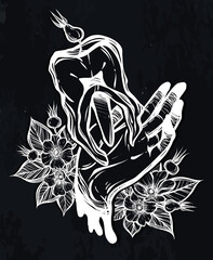 Vector illustration. Tooth lies on the hand, rose hips, print on t-shirt, line art style, Handmade, background chalkboard