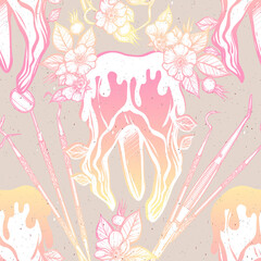 Fototapeta na wymiar Vector illustration. Tooth, dental instruments, rose hips, print, line art style, Handmade, grey background, seamless pattern