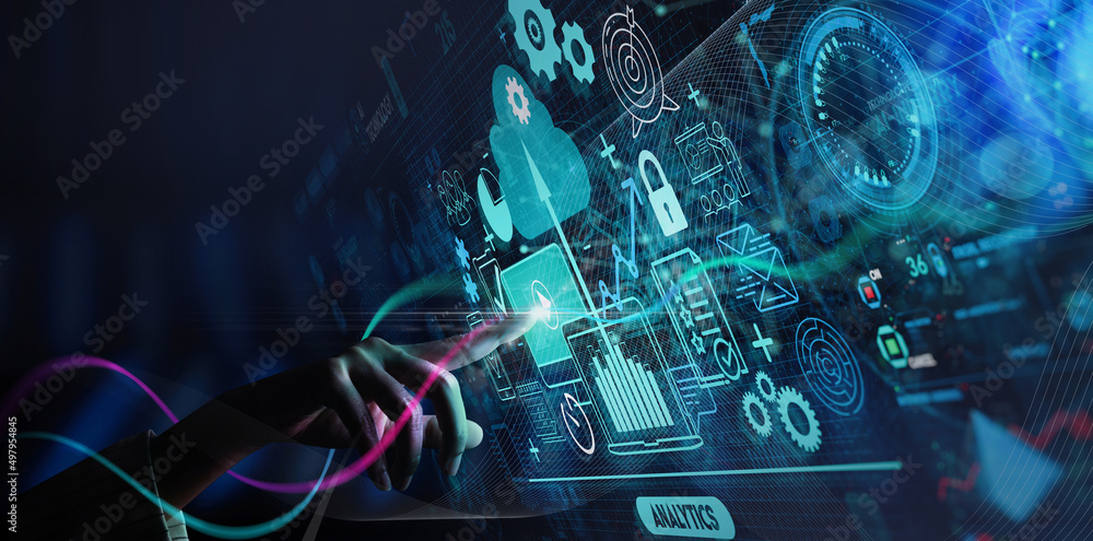 Aufkleber Hand touching Business data analytics process management with KPI financial charts and graph and automated marketing dashboard.