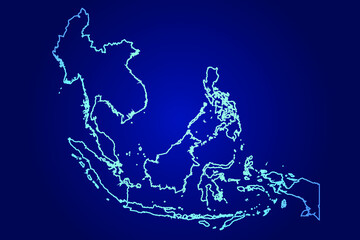 Obraz premium Southeast Asia Map of Abstract High Detailed Glow Blue Map on Dark Background logo illustration 