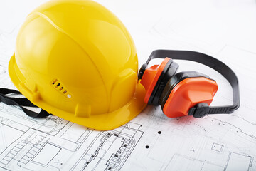 occupational Safety and Health, labor protection, hse, anti noise headphones and engineer's helmet...