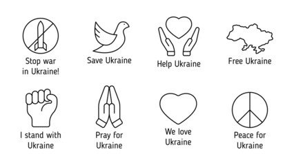 stop war in Ukraine outline vector icons with letterings isolated on white. i stand with Ukraine. peace for Ukraine. pray for Ukraine
