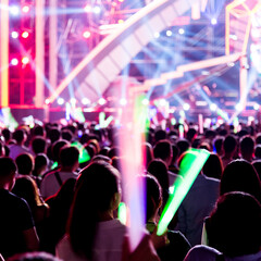 Cheering crowd in front of bright stage lights