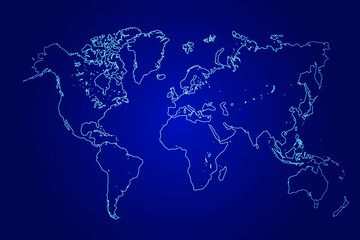 Fototapeta na wymiar World Map of Abstract High Detailed Glow Blue Map on Dark Background logo illustration 