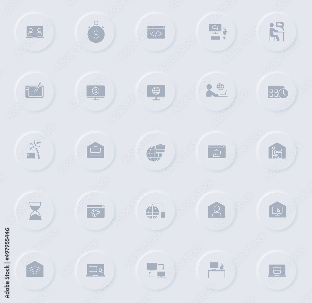 Poster work at home gray vector icons on round rubber buttons. work at home icon set for web, mobile apps, 