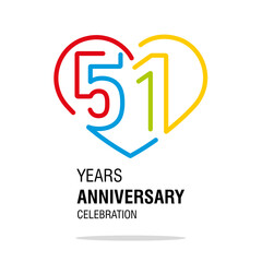 51 years anniversary celebration decoration colorful number bounded by a loving heart modern love line design logo icon white background - obrazy, fototapety, plakaty