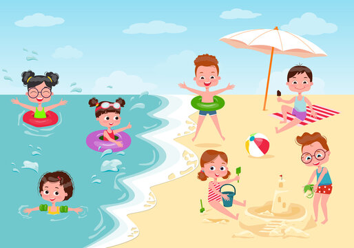 Children and beach entertainment. Kids in a summer camp, sunbathing on the seashore in a tropical resort. Children bathe and swim in the open sea. Vector illustration