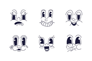Cartoon mascot 30s retro comic face. Vintage characters with different facial expressions. Old style cute head parts with smile, eyes , mouth. Vector illustration of persona creator elements