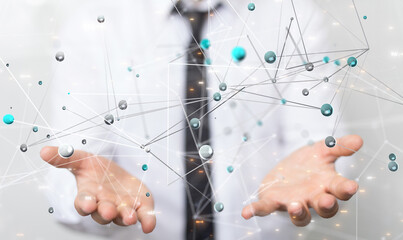 holding 3D rendering group of blue people