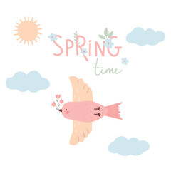 Spring time card with bird in the sky with flower in its beak. Childish hand drawn illustration with text. Simple flat vector.