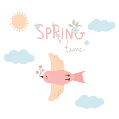  Spring time card with bird in the sky with flower in its beak. Childish hand drawn illustration with text. Simple flat vector. © kat