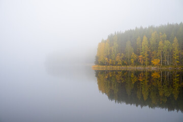 Fog on the lake in Repovesi National Park in Kouvola, Finland