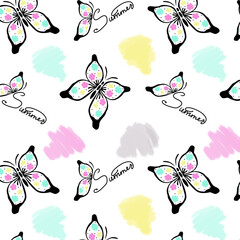 Seamless pattern with butterfly. Summer fabric prints design in doodle style