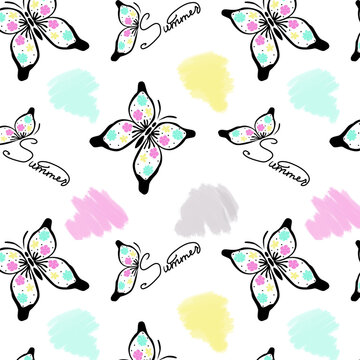 Seamless pattern with butterfly. Summer fabric prints design in doodle style