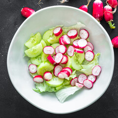 salad radish vegetables cucumber, vegetable lettuce leaf fresh healthy meal food snack diet on the table copy space food background rustic top view keto or paleo diet veggie vegan or vegetarian