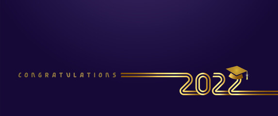 Class of 2022 year graduation horizontal card. Class off event, ountline stroke golden calligraphy. Isolated abstract graphic design template. Square cylinder. Graduating hat, creative number.