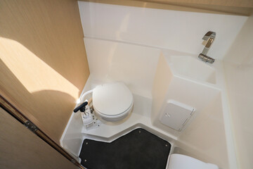 Interior restroom toilet inside motor boat