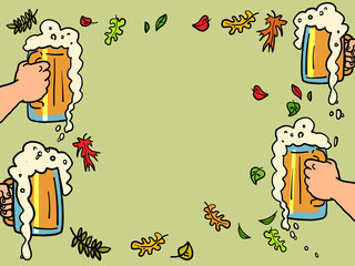 Beer mugs with foam background, pub restaurant beer party, oktoberfest