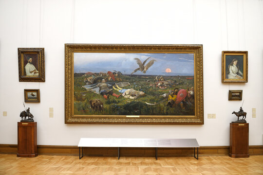 State Tretyakov Gallery, art gallery in Moscow, Russia. Hall of artist Vasnetsov Viktor and picture After Battle of Igor Sviatoslavich with Polovtsy.Vasily Perov