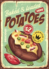 Baked and loaded potatoes vintage menu board sign design. Food retro poster. Vector restaurant sign with potato.