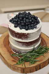  Rustic Homemade Naked Layered Wedding Cake with Vanilla Icing, Fresh Blueberries, and Rosemary