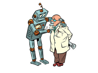 The robot talks to the professor, artificial intelligence and the human mind. Two friends