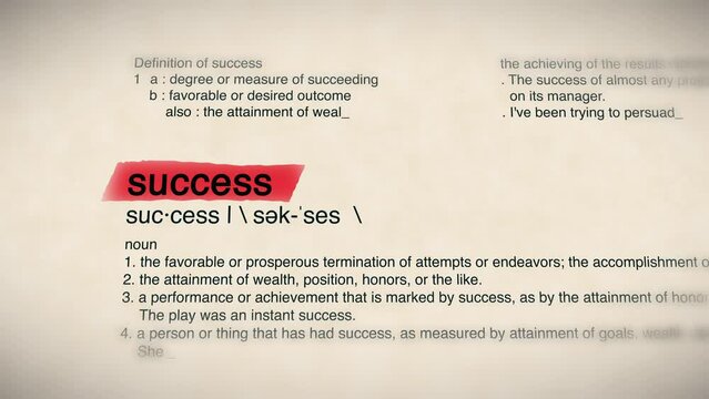 The Word Success Red Highlighted in a Dictionary Animation