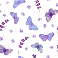 Pattern with butterflies and lavender, watercolor illustration