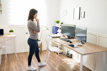 Stressed woman considering investing in cryptocurrency