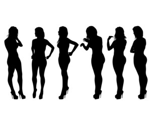 Beauty young girl in dress walking down street. Isolated silhouette on white background