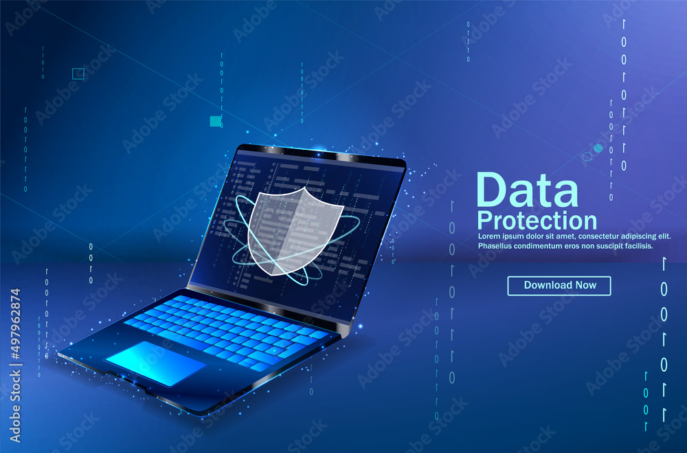 Poster cyber security, data protection, cyberattacks concept on blue background. database security software