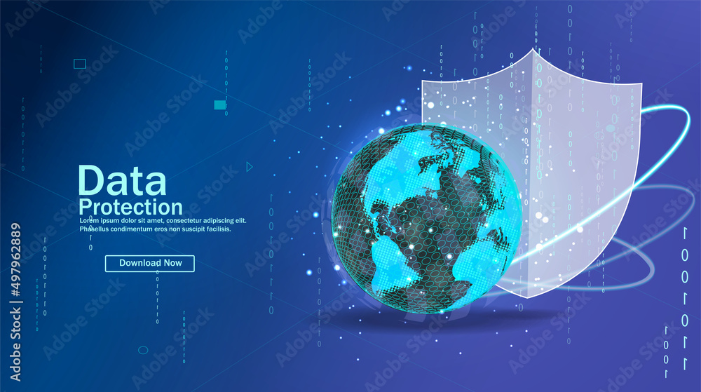 Poster cyber security, data protection, cyberattacks concept on blue background. database security software