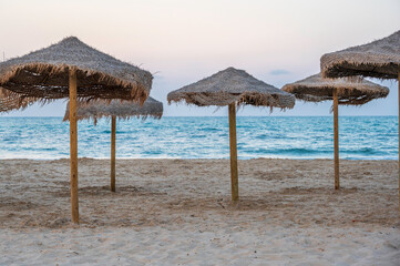 Natural beach umbrellas, on a empty beach in the Mediterranean, in the early evening 