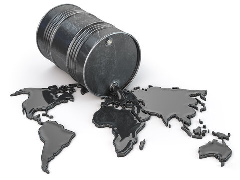 Fototapeta Oil barrel with spilled oil in form of map of the world isolated on white. World oil industry concept.