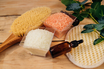 Natural, organic cosmetics with eucalyptus oil, sea salt, massage brush, eucalyptus leaf extract.