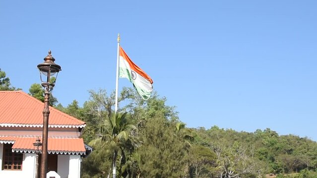 HD footage of the Indian tricolor flag waving on a pole at Aguada Fort in Goa India