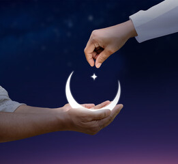 Eid al-Fitr and Ramadan concept background. Giving zakat or sadaqah to poor people Islamic concept...