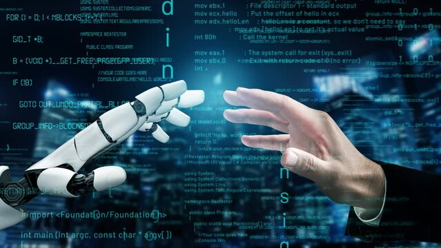 Futuristic robot artificial intelligence revolutionary AI technology development and machine learning concept. Global robotic bionic science research for future of human life. 3D rendering graphic.