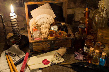 still life with box and chemistry glasses -2