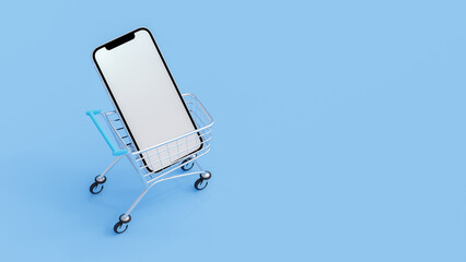 Mobile phone in shopping cart isolated on blue background. Provide home delivery and online shopping concept. 3d render.