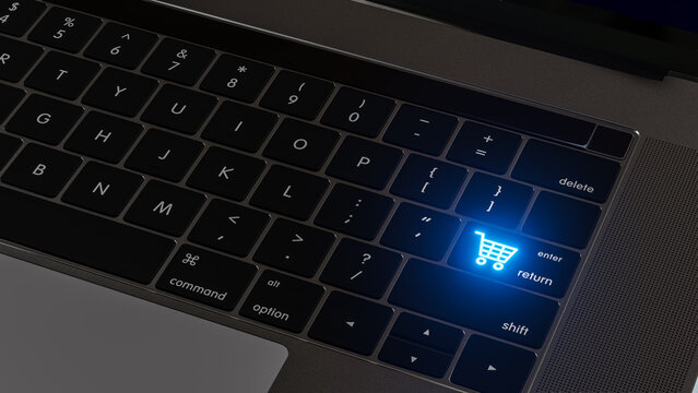 Shopping online concept - Shopping cart logo on a laptop keyboard. Shopping service on The online web. Free shipping worldwide. 3d render.