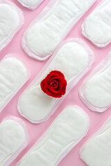 Pattern of women's monthly pads and one red rose on pink background. The concept of female menstruation. Vertical banner, selective focus, top view