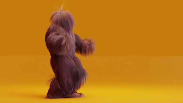 Hairy Monster Dancing clip isolated on orange background. hip hop, oriental dance, fur bright funny fluffy character, fur, full hair, Chewbacca, snowman, 3d render. Sneaking out.