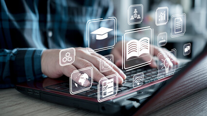Businessman using a computer to webinar, education on internet, Online Courses e-learning concept....
