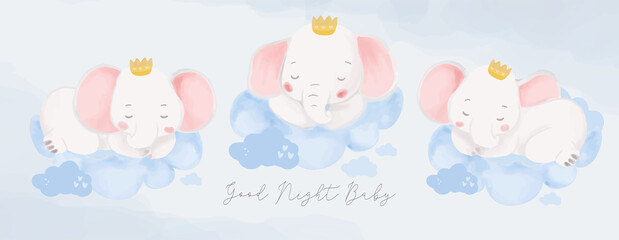 Obraz na płótnie Canvas Set of little king baby elephant sleeping and smile set. nursery Watercolor animal drawing with crown.