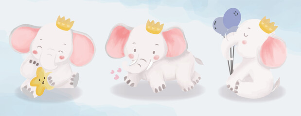 Set of little king baby elephant playing happy set. Nursery Watercolor animal drawing with crown.