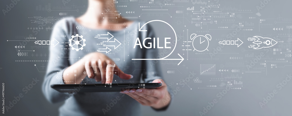 Poster agile concept with business woman using a tablet computer