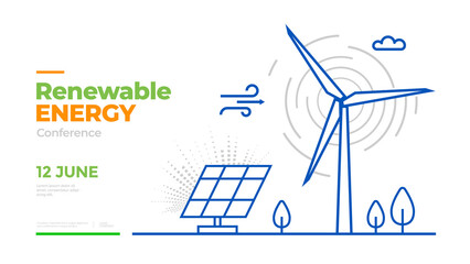 Renewable Energy presentation banner. Landing page with illustrations solar panels, and wind generator.