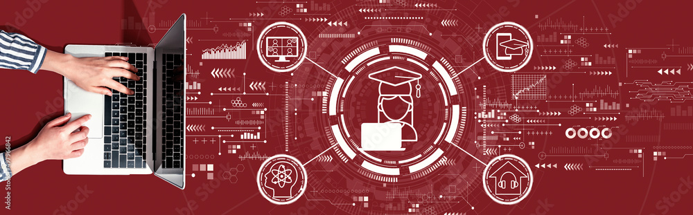 Poster distance learning theme with person using a laptop computer